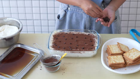 Young-Woman-Making-Tiramisu-Cake,-Putting-Choco-Chips-On-Cake-Dough-In-Glass-Bowl