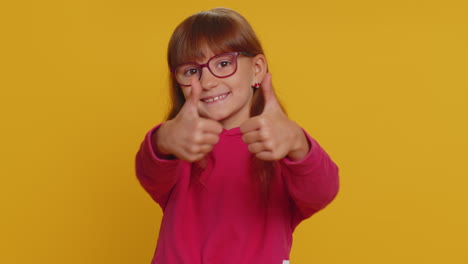 Happy-preteen-child-girl-kid-looking-approvingly-at-camera-showing-thumbs-up,-like-positive-sign