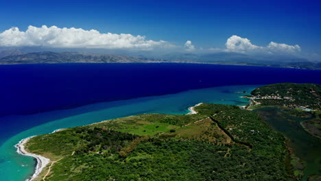 Aerial-drone-shot-over-the-long-stretching-beaches-in-the-north-of-Corfu-in-Greece