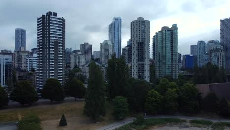 Drone-shot-skyscrapers-on-skyline-in-Downtown-Vancouver-city-in-Canada