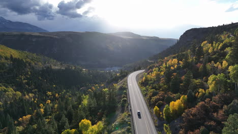 Aerial-View-of-Highway-Traveling-Through-Yellow-and-Green-Valley-In-Telluride,-Colorado