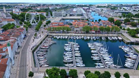 Aerial-view-about-the-Quai-Valin-port-and-the-famous-Grande-roue,-La-Rochelle,-France