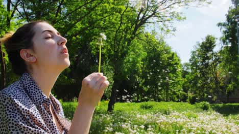 Mujer-Soplando-Semillas-De-Diente-De-León-En-El-Campo-De-Verano.-Concepto-De-Naturaleza,-Gente-Y-Flora.-Mujer-Joven-Soplando-Semillas-De-Diente-De-León-En-El-Campo-De-Verano.