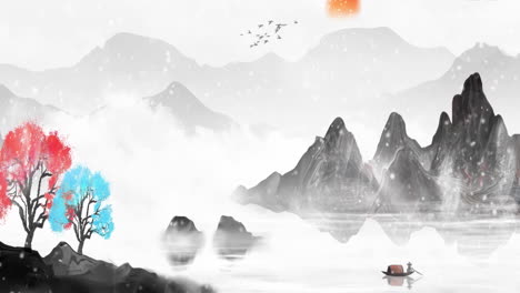 Peaceful-nature-Traditional-Chinese-style-ink-floating-snow-landscape-flying-birds-retro-painting-ink-misty-mountain-with-flowers,-tree,-birds,-river-in-fog-background