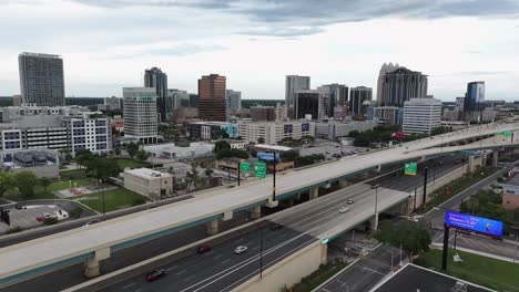 Drone-shot-of-Skyline-with-modern-buildings-in-Orlando