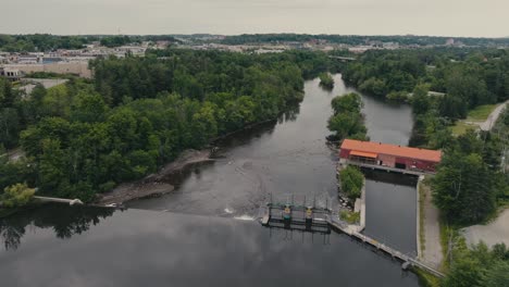 Aerial-View-Of-Abenaquis-Hydroelectric-Dam-On-River-Magog,-Sherbrooke-City,-Quebec-Canada