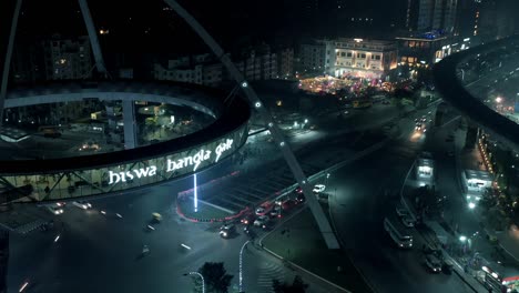 Aerial-night-timelapse-of-Kolkata-Biswa-Bangla-Gate-at-New-town