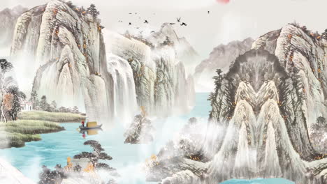 Peaceful-ancient-traditional-Chinese-Japanese-landscape-ink-Painting-travel-trendy-of-beautiful-calm-trees,-mountains,-flowers,-lake,-water,-birds,-blue-sky,-boat,-cherry-blossoms-season