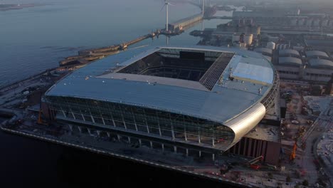 Bramley-Moore-dock-Everton-football-stadium-aerial-view-River-Mersey-cityscape-at-sunrise