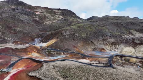 The-aerial-view-highlights-the-unique-location-of-the-Geothermal-Area-Seltun-south-of-Reyjkavik-hot-spring,-nestled-in-a-rugged-and-picturesque-Icelandic-landscape