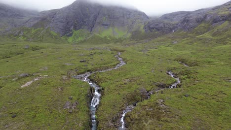 Aerial-footage-of-the-Fairy-Pools-on-the-Isle-of-Skye,-Scotland