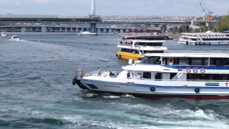 A-passenger-ship-floats-over-the-waters-in-Bosporus-Bay,-Istanbul,-Turkey