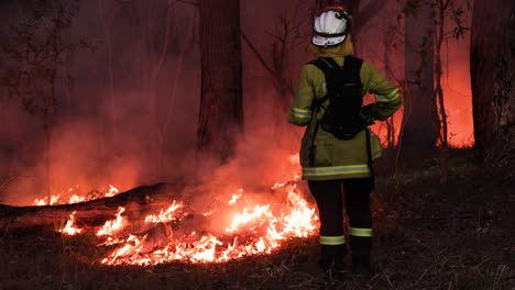 Bombero-Supervisando-Quemas-De-Reducción-De-Riesgos-Para-Controlar-La-Carga-De-Combustible-Del-Incendio,-Mount-Coot-tha