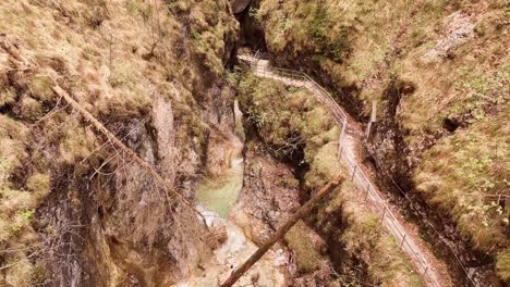 Aerial-view-of-the-Almbachklamm-waterfall-in-Garmisch-Partenkirche-during-summer-showcases-the-vibrant-display-of-colorful-foliage