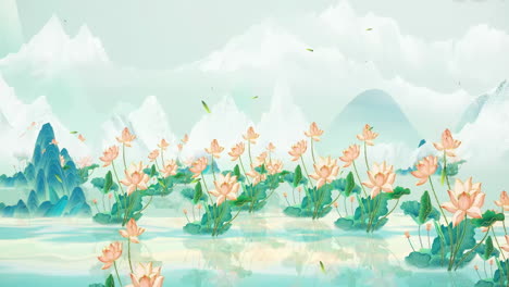 Fantasy-bright-ambience-landscape-of-beautiful-morning-sky,-mountains,-flowers,-lake,-ancient-house-with-simple-animation-in-Japanese-Chinese-anime-watercolour-style