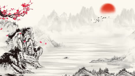 Peaceful-Fantasy-Nature-Chinese-style-retro-ink-landscape-plum-blossom-of-beautiful-morning-sky,-mountains,-flowers,-lake,-ancient-house-with-simple-animation-in-Japanese-anime-watercolour-style