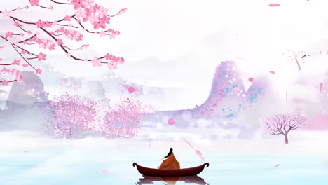 Mysterious-landscape-China's-traditional-Oriental-Digital-Art-animation,-Chinese-retro-painting-ink-misty-mountain-with-flowers,-tree,-boat,birds,-river-in-fog-background