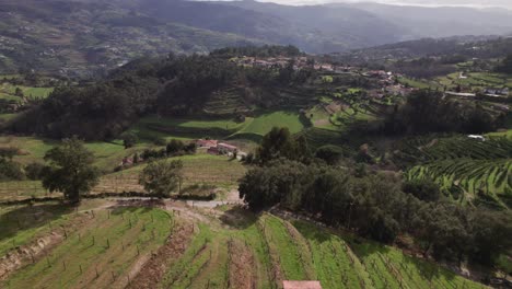 Drone-rapidly-approaching-a-small-farm-on-a-hillside