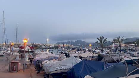 Harbor-view-in-Mallorca,-Spain-at-dusk-with-boats-and-covered-yachts,-palm-trees-in-background