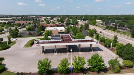 Establishing-Aerial-View-Above-Meijer-Gas-Station-in-Suburban-United-States