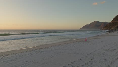 A-dog-walking-near-a-mirror-placed-on-the-beach-during-sunset-at-Noordhoek