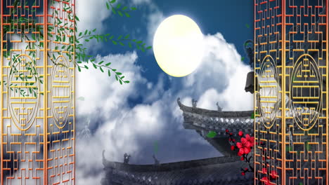 Retro-Tintenlandschaft-Im-Chinesischen-Stil,-Mond-Im-Mittleren-Herbst,-Weiße-Wolken,-Türrahmen,-Allgemeiner-Trendiger-Hintergrund,-Mondkuchen-Rolle-Zum-Mittherbstfest,-Eröffnung-Der-Party-Mit-Ruhigen-Bäumen,-Bergen-Und-Blumen