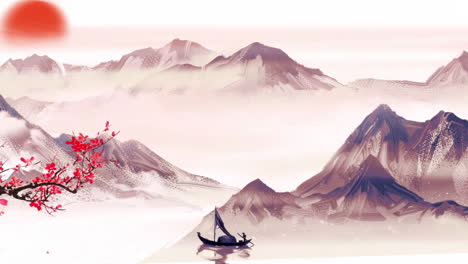 Fantasy-bright-ambience-landscape-of-beautiful-plum-blossom,-morning-sky,-mountains,-flowers,-lake,-ancient-house-with-simple-animation-in-Japanese-Chinese-anime-watercolour-style