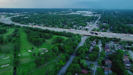 Aerial-View-of-Interstate-80-Slicing-Through-Hazel-Crest's-Suburban-community