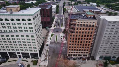 An-aerial-view-of-downtown-Youngstown,-Ohio,-demolition-of-a-high-rise-building