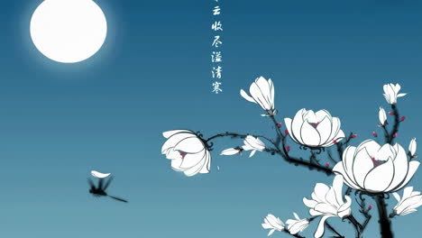 Ancient-Chinese-Japanese-landscape-Mid-Autumn-Festival-Gala-New-Year's-Eve-Show-Press-Conference-ink-Painting-of-calm-trees,-mountains,-flowers,-lake,-water,-blue-sky,-boat,-cherry-blossoms-season