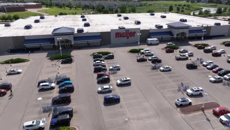 Establishing-Aerial-View-Above-Meijer-Grocery-Store-in-Suburban-United-States