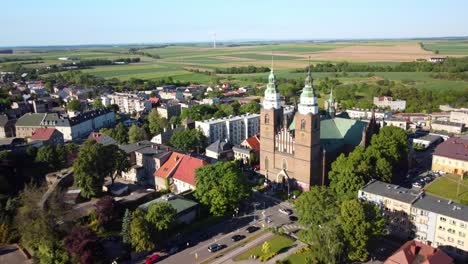 Aerial-View-Over-Nativity-Of-The-Blessed-Virgin-Mary-Church-In-Głubczyce,-Poland---Drone-Shot