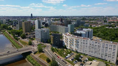 Modern-buildings-along-Loire-River-near-Pont-Eric-Tabarly-bridge,-Nantes-in-France