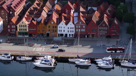 Amazing-Aerial-View-Above-Bryggen---Row-of-Wooden-Houses-Bergen,-Norway