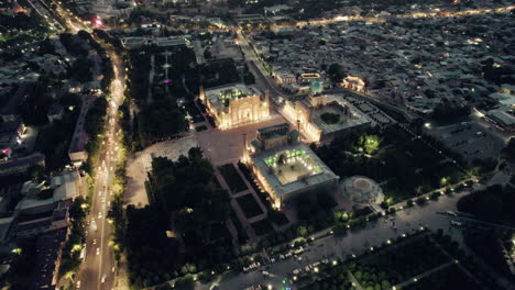 Registan-Square,-Madrassahs-islamic-architecture-illuminated-at-night