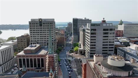 Rising-drone-shot-of-american-town-with-Bank-and-Church-during-sunny-day