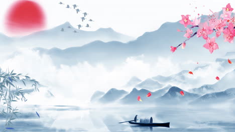 Mysterious-landscape-China's-traditional-Oriental-Digital-Art-animation,-Chinese-retro-painting-ink-misty-mountain-with-flowers,-tree,-birds,-river-in-fog-background