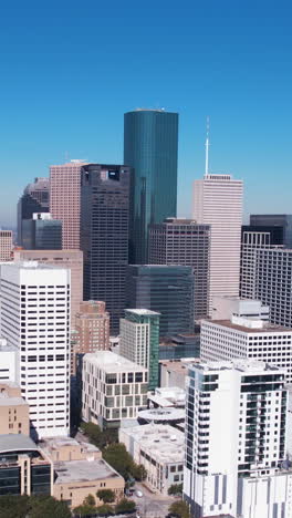 Vertical-Drone-Shot-of-Downtown-Houston,-Texas-USA,-Towers-and-Skyscrapers