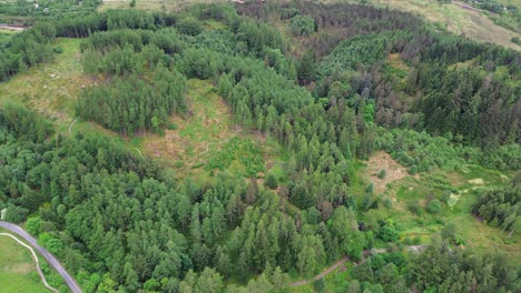 Flying-over-a-forest-and-mountain-in-Glencoe-mountains,-Scotland