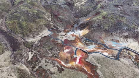 El-Video-Muestra-Un-Paisaje-único-De-Aguas-Termales,-Que-Emiten-Vapor-Y-Crean-Un-Caleidoscopio-De-Colores-En-El-Agua,-En-Medio-De-Un-área-Subdesarrollada-De-Belleza-Natural.