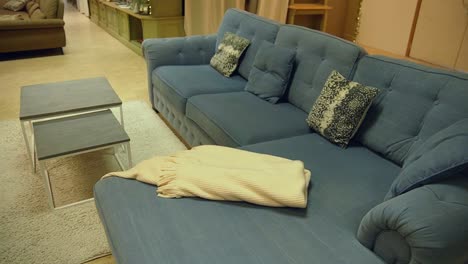 Hermoso-Sofá-De-Tela-Azul-Dentro-De-Una-Tienda-De-Muebles.