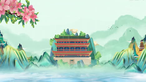 National-trend-gilt-style-ancient-building-background,-Chinese-retro-painting-ink-misty-mountain-with-flowers,-tree,-birds,-river-in-fog-background