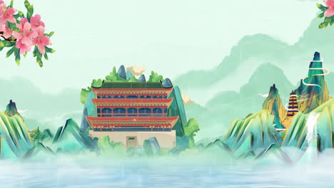 Geheimnisvolle-Landschaft-Chinas-Traditionelle-Orientalische-Digitale-Kunstanimation,-Chinesische-Retro-Malerei-Tinte-Nebliger-Berg-Mit-Blumen,-Baum,-Vögeln,-Fluss-Im-Nebelhintergrund