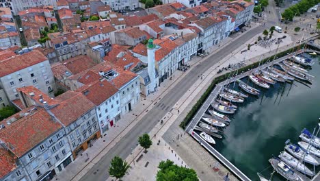 Aerial-view-about-Quai-Valin-street-and-the-famous-lighthouse,-La-Rochelle,-France