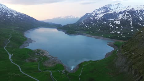 Aerial-panoramic-view-of-lac-or-lake-du-Mont-Cenis-or-Moncenisio-in-France