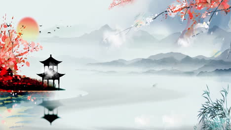 Digital-art-ancient-Ink-painting-landscape-Chinese-style-simple-white-crane-ancient-house-lake,-Retro-Mysterious-landscape-China's-traditional-Oriental-Digital-Art-animation