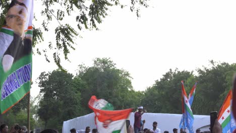 Congress-party-supporters-with-Rahul-Gandhi-and-Congress-political-party-flags-waving,-Congress-win-celebration-in-Lok-Sabha-election-at-party-headquarter-office