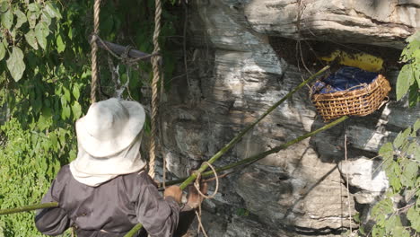 A-honey-hunter-in-Nepal-extracts-mad-honey-into-basket-from-wild-and-dangerous-cliff-with-high-risk,-Drone-shot-of-daring-and-hazardous-practice-of-traditional-honey-harvesting-amidst-rugged-terrain