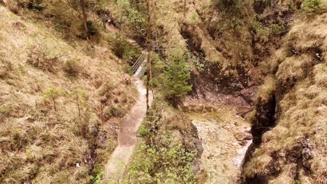 Aerial-view-of-the-Almbachklamm-waterfall-in-Garmisch-Partenkirche-during-summer-showcases-the-vibrant-display-of-colorful-foliage