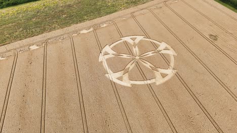 Badbury-rings-crop-circle-aerial-view-orbiting-strange-alien-formation-on-Dorset-farmland